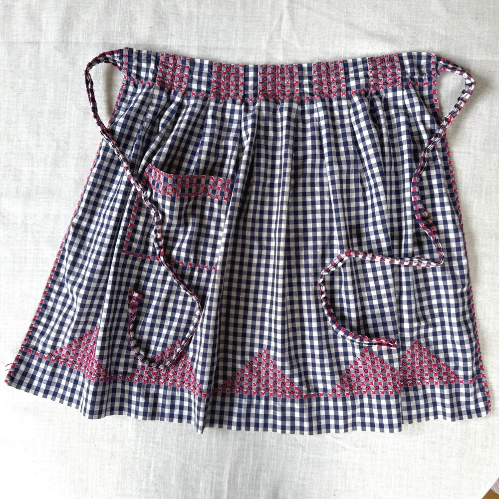 Vintage Gingham Half Apron Navy Blue White Red Cross Stitch Embroidery Smocked